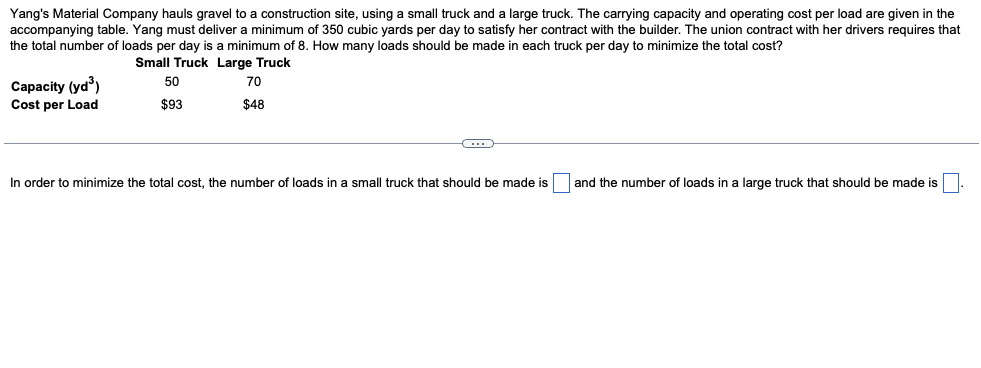 Yang's Material Company hauls gravel to a construction site, using a small truck and a large truck. The carrying capacity and operating cost per load are given in the
accompanying table. Yang must deliver a minimum of 350 cubic yards per day to satisfy her contract with the builder. The union contract with her drivers requires that
the total number of loads per day is a minimum of 8. How many loads should be made in each truck per day to minimize the total cost?
Small Truck Large Truck
50
70
Capacity (yd')
Cost per Load
$93
$48
In order to minimize the total cost, the number of loads in a small truck that should be made is
and the number of loads in a large truck that should be made is
