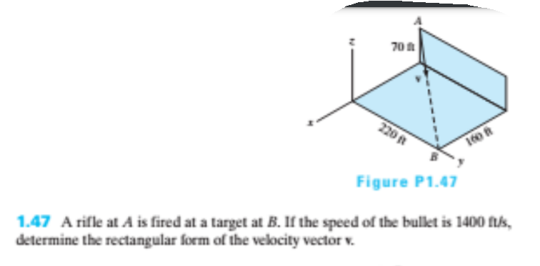 70 n
220
Figure P1.47
1.47 A rifle at A is fired at a target at B. If the speed of the bullet is 1400 fus,
determine the rectangular form of the velocity vector v.
