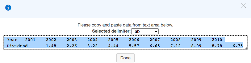 Please copy and paste data from text area below.
Selected delimiter: Tab
Year
2001
2002
2003
2004
2005
2006
2007
2008
2009
2010
Dividend
1.48
2.26
3.22
4.44
5.57
6.65
7.12
8.09
8.78
6.75
Done
