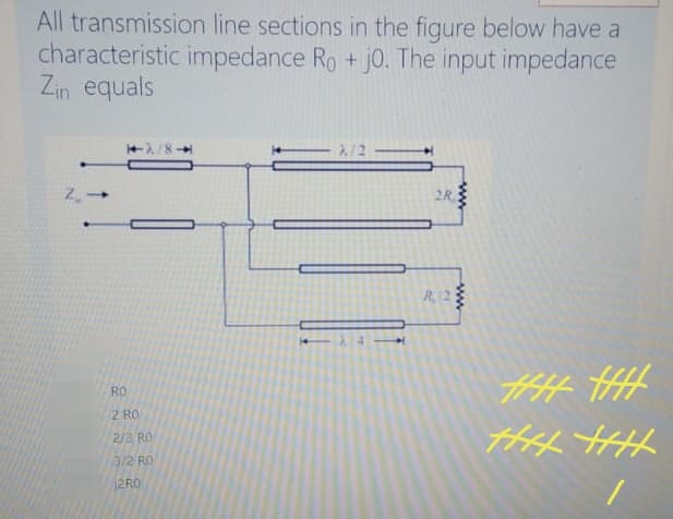 All transmission line sections in the figure below have a
characteristic impedance Ro +j0. The input impedance
Zin equals
2/2
R12
RO
2 RO
2/3 RO
3/2 RO
j2RO
ww
