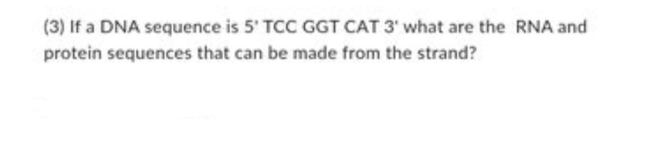 (3) If a DNA sequence is 5' TCC GGT CAT 3' what are the RNA and
protein sequences that can be made from the strand?