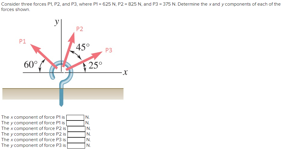 Consider three forces P1, P2, and P3, where P1 = 625 N, P2 = 825 N, and P3 = 375 N. Determine the x and y components of each of the
forces shown.
P1
60°
y
The x component of force P1 is
The y component of force P1 is
The x component of force P2 is
The y component of force P2 is
The x component of force P3 is
The y component of force P3 is
P2
45°
25°
N.
ZZZZZZ
N.
N.
N.
N.
N.
P3
·X