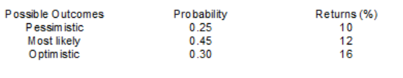 Possible Outcomes
Pessim istic
Probability
0.25
Returns (%)
10
12
Most likely
Optim istic
0.45
0.30
16
