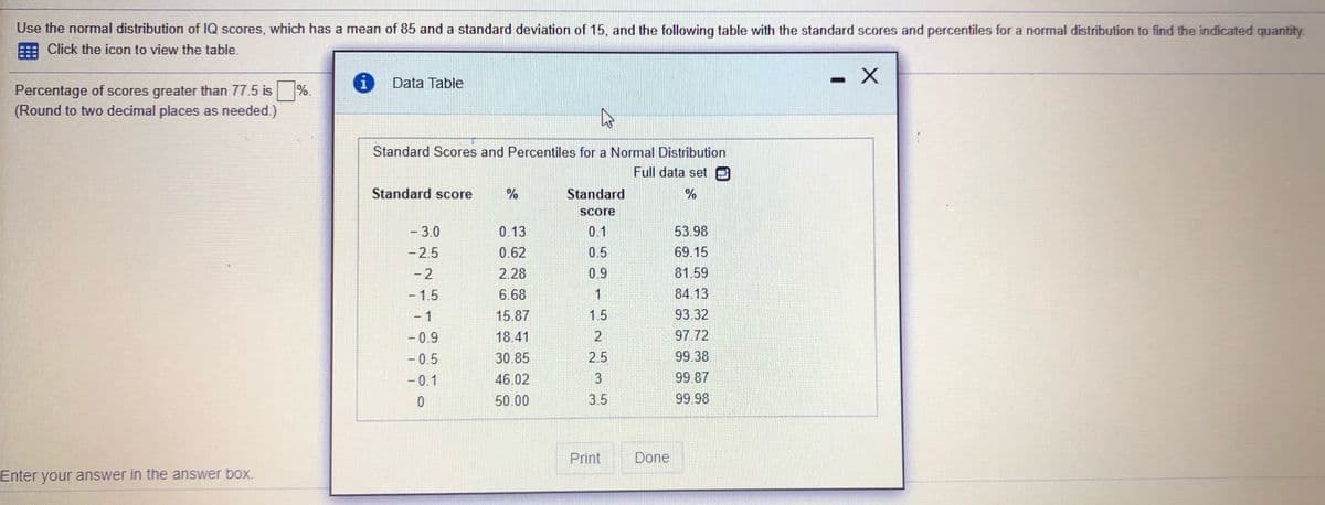 Use the normal distribution of IQ scores, which has a mean of 85 and a standard deviation of 15, and the following table with the standard scores and percentiles for a normal distribution to find the indicated quantity
Click the icon to view the table.
Data Table
%3D
Percentage of scores greater than 77.5 is %.
(Round to two decimal places as needed.)
Standard Scores and Percentiles for a Normal Distribution
Full data set e
Standard score
Standard
%
Score
- 3.0
0.13
0.1
53.98
-2.5
0.62
0.5
69.15
-2
2.28
0.9
81.59
- 1.5
6.68
1
84.13
-
- 1
15.87
1.5
93.32
-0.9
18.41
97.72
- 0.5
30.85
2.5
99 38
-0.1
46.02
3
99.87
50.00
3.5
99 98
Print
Done
Enter your answer in the answer box..
