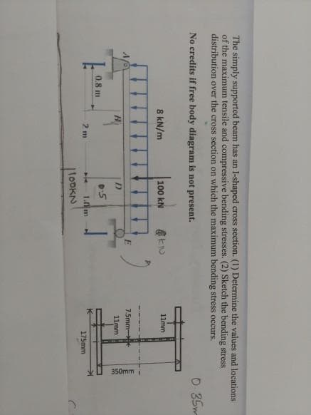 350mmi
The simply supported beam has an I-shaped cross section. (1) Determine the values and locations
of the maximum tensile and compressive bending stresses. (2) Sketch the bending stress
distribution over the cross section on which the maximum bending stress occurs.
No credits if free body diagram is not present.
0 35m
11mm
8 kN/m
100 kN
7.5mm
11mm
0.8 m
2 m
54
1.0m
175mm
1100KN
