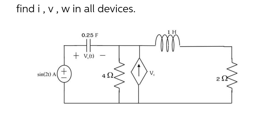 find i, v, w in all devices.
1 H
0.25 F
+ v,t)
+.
sin(2t) A
4Ω.
2
