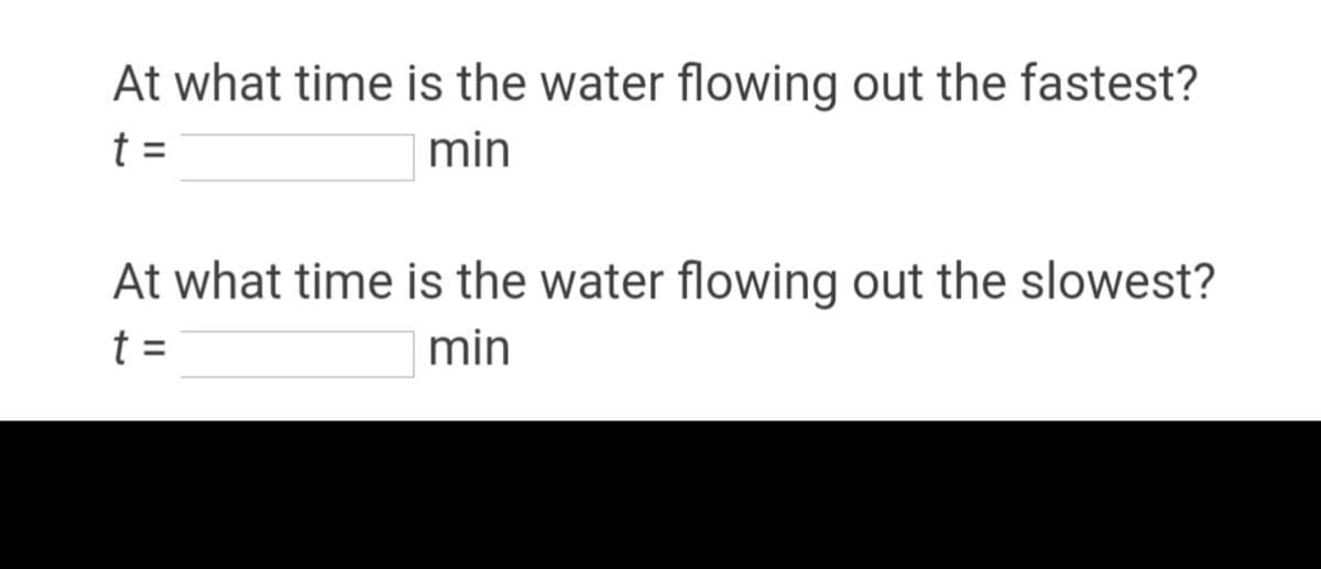 At what time is the water flowing out the fastest?
t =
min
At what time is the water flowing out the slowest?
t D
min
