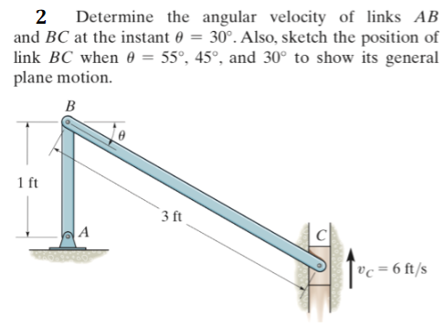 2
Determine the angular velocity of links AB
and BC at the instant 0 = 30°. Also, sketch the position of
link BC when 0 = 55°, 45°, and 30° to show its general
plane motion.
B
1 ft
3 ft
°c = 6 ft/s
