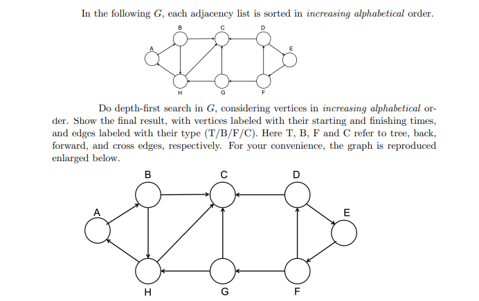 In the following G, each adjacency list is sorted in increasing alphabetical order.
B
H
G
Do depth-first search in G, considering vertices in increasing alphabetical or-
der. Show the final result, with vertices labeled with their starting and finishing times,
and edges labeled with their type (T/B/F/C). Here T, B, F and C refer to tree, back,
forward, and cross edges, respectively. For your convenience, the graph is reproduced
enlarged below.
B
D
E
H
G
F
