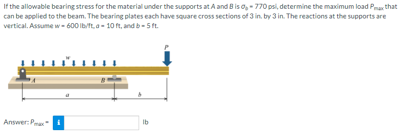 If the allowable bearing stress for the material under the supports at A and B is op = 770 psi, determine the maximum load Pmax that
can be applied to the beam. The bearing plates each have square cross sections of 3 in. by 3 in. The reactions at the supports are
vertical. Assume w = 600 lb/ft, a = 10 ft, and b = 5 ft.
B
Answer: Pmax
i
Ib
