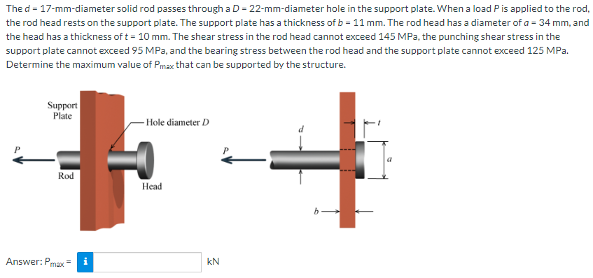 The d = 17-mm-diameter solid rod passes through a D = 22-mm-diameter hole in the support plate. When a load P is applied to the rod,
the rod head rests on the support plate. The support plate has a thickness of b = 11 mm. The rod head has a diameter of a = 34 mm, and
the head has a thickness of t= 10 mm. The shear stress in the rod head cannot exceed 145 MPa, the punching shear stress in the
support plate cannot exceed 95 MPa, and the bearing stress between the rod head and the support plate cannot exceed 125 MPa.
Determine the maximum value of Pmax that can be supported by the structure.
Support
Plate
-Hole diameter D
a
Rod
Нead
Answer: Pmax
i
kN
