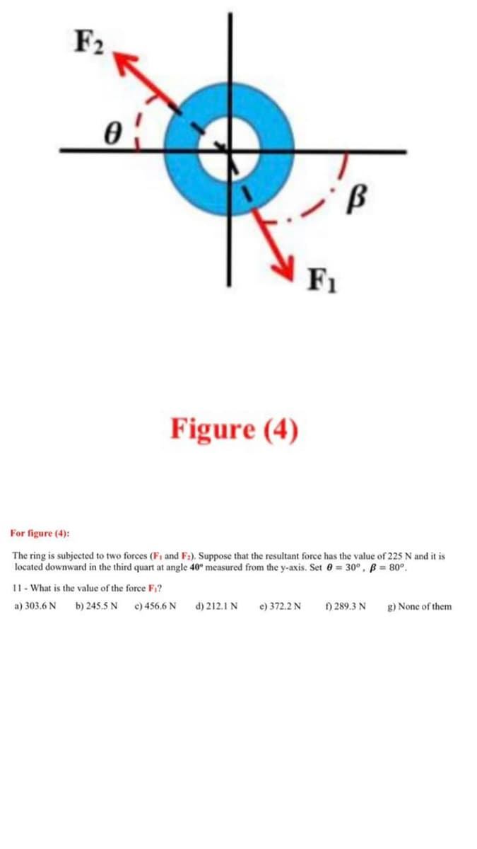 F2
F1
Figure (4)
For figure (4):
The ring is subjected to two forces (F, and F:). Suppose that the resultant force has the value of 225 N and it is
located downward in the third quart at angle 40° measured from the y-axis. Set 0 = 30°, B = 80°.
11 - What is the value of the force Fi?
a) 303.6 N
b) 245.5 N
c) 456.6 N
d) 212.1 N
e) 372.2 N
f) 289.3 N
g) None of them
