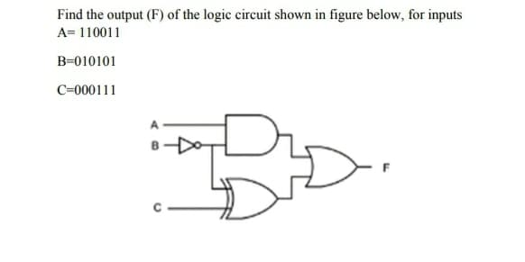 Find the output (F) of the logic circuit shown in figure below, for inputs
A= 110011
B=010101
C=000111
