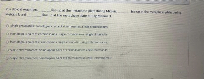 In a diploid organism,
Melosis 1, and
line up at the metaphase plate during Mitosis..
line up at the metaphase plate during Meiosis II.
O single chromatids; homologous pairs of chromosomes: single chromosomes:
homologous pairs of chromosomes; single chromosomes: single chromatids:
O homologous pairs of chromosomes, single chromatids, single chromosomes:
O single chromosomes: homologous pairs of chromosomes: single chromatids:
single chromosomes; homologous pairs of chromosomes; single chromosomes:
line up at the metaphase plate during