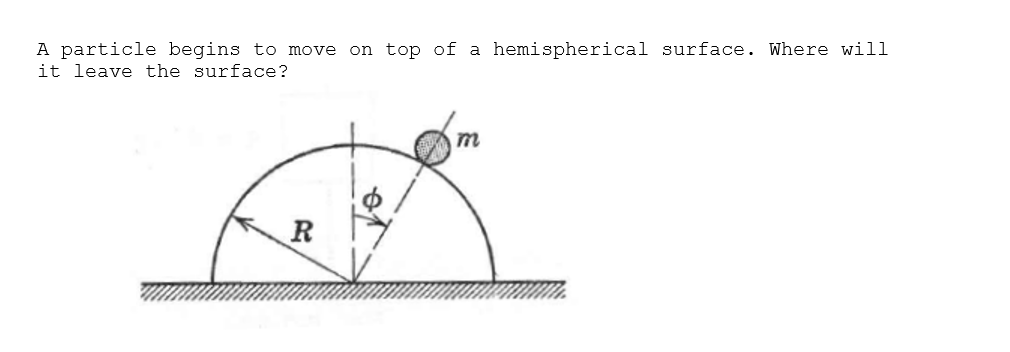 A particle begins to move on top of a
it leave the surface?
hemispherical surface. Where will
m
R
