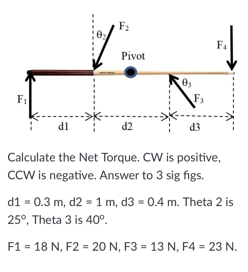 F2
02
F4
Pivot
03
F1
F3
d1
d2
d3
Calculate the Net Torque. CW is positive,
CCW is negative. Answer to 3 sig figs.
d1 = 0.3 m, d2 = 1 m, d3 = 0.4 m. Theta 2 is
25°, Theta 3 is 40°.
F1 = 18 N, F2 = 20 N, F3 = 13 N, F4 = 23 N.
