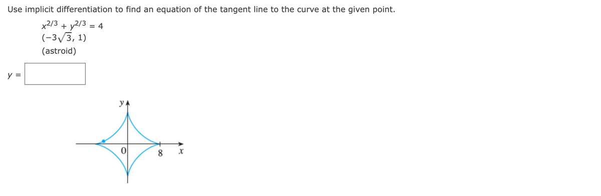 Use implicit differentiation to find an equation of the tangent line to the curve at the given point.
x2/3 + y2/3 = 4
(-3/3, 1)
%D
(astroid)
y =
yA
8
