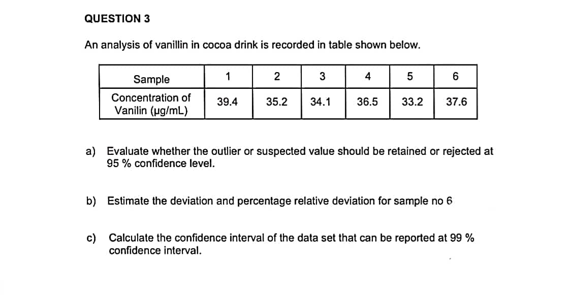 QUESTION 3
An analysis of vanillin in cocoa drink is recorded in table shown below.
1
2
3
Sample
4
5
6
Concentration of
Vanilin (µg/mL)
39.4
35.2 34.1
36.5
33.2
37.6
a) Evaluate whether the outlier or suspected value should be retained or rejected at
95% confidence level.
b) Estimate the deviation and percentage relative deviation for sample no 6
c)
Calculate the confidence interval of the data set that can be reported at 99 %
confidence interval.