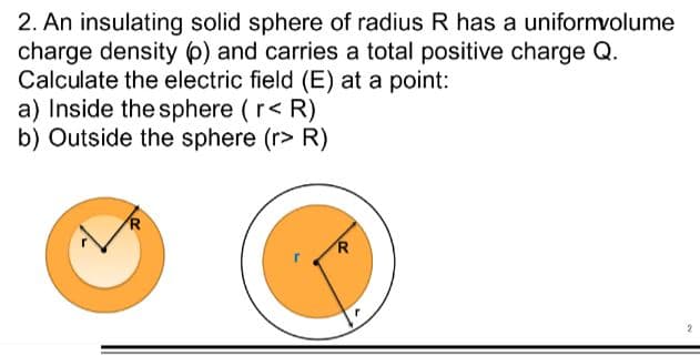2. An insulating solid sphere of radius R has a uniformvolume
charge density (6) and carries a total positive charge Q.
Calculate the electric field (E) at a point:
a) Inside the sphere (r< R)
b) Outside the sphere (r> R)
R
R
