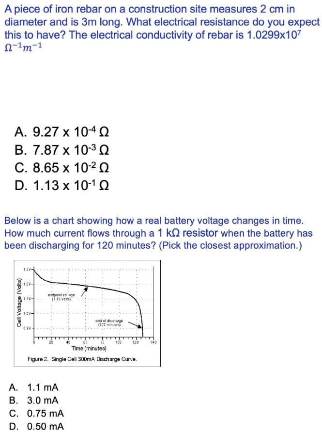 A piece of iron rebar on a construction site measures 2 cm in
diameter and is 3m long. What electrical resistance do you expect
this to have? The electrical conductivity of rebar is 1.0299x107
Ω=1m=1
A. 9.27 x 10-4 Ω
B. 7.87 x 10-³ Q
C. 8.65 x 10-²
D. 1.13 x 10-¹ Q
Below is a chart showing how a real battery voltage changes in time.
How much current flows through a 1 k resistor when the battery has
been discharging for 120 minutes? (Pick the closest approximation.)
1.3V-
12V-
1.1V-
midpoint voltage
(1.18 Valts)
1.0V-
end of discharge
(127 minutes)
0.9V-
40
60
60
100
120
Time (minutes)
Figure 2. Single Cell 300mA Discharge Curve.
A.
1.1 mA
B. 3.0 mA
C. 0.75 mA
D. 0.50 mA
Cell Voltage (Volts)
140