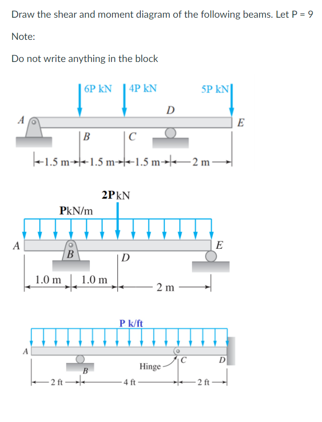 Draw the shear and moment diagram of the following beams. Let P = 9
Note:
Do not write anything in the block
| 6P kN
4P kN
5P kN
D
A
E
|B
C
+1.5 m→+1.5 m→+1.5 m→2 m
2PKN
PkN/m
A
E
D
1.0 m 1.0 m
2 m
P k/ft
A
|C
D
Hinge
B
- 2 ft →-
- 2 ft –
4 ft
