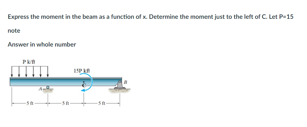 Express the moment in the beam as a function of x. Determine the moment just to the left of C. Let P=15
note
Answer in whole number
P k/ft
15P kft
B
5 ft
-5 ft-
5 ft

