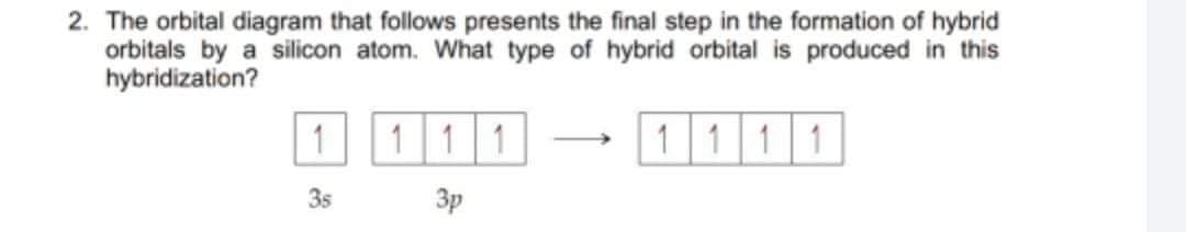 2. The orbital diagram that follows presents the final step in the formation of hybrid
orbitals by a silicon atom. What type of hybrid orbital is produced in this
hybridization?
1
111
1111
3s
3p
