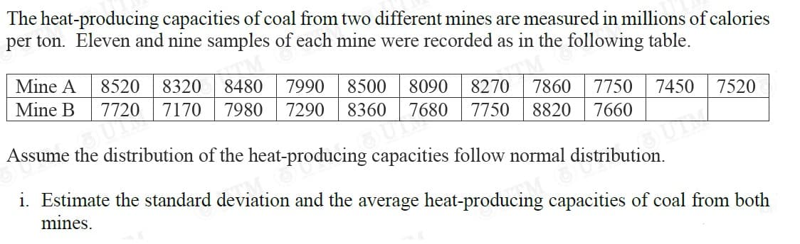 The heat-producing capacities of coal from two different mines are measured in millions of calories
per ton. Eleven and nine samples of each mine were recorded as in the following table.
Mine A 8520 8320 8480
7990
8500 8090 8270 7860 7750 7450 7520
Mine B 7720 7170 7980 7290 8360 7680 7750 8820 7660
Assume the distribution of the heat-producing capacities follow normal distribution N
i. Estimate the standard deviation and the average heat-producing capacities of coal from both
mines.