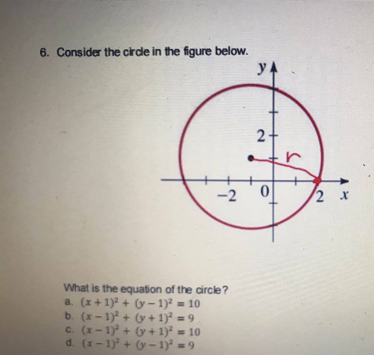 6. Consider the circle in the figure below.
-2
What is the equation of the circle?
a. (x + 1)² + (-1)² = 10
b. (x-1)² + (y + 1)² = 9
c. (x-1)² + (y + 1)² = 10
d. (x-1)² + (y− 1)² = 9
YA
2
0
2 x