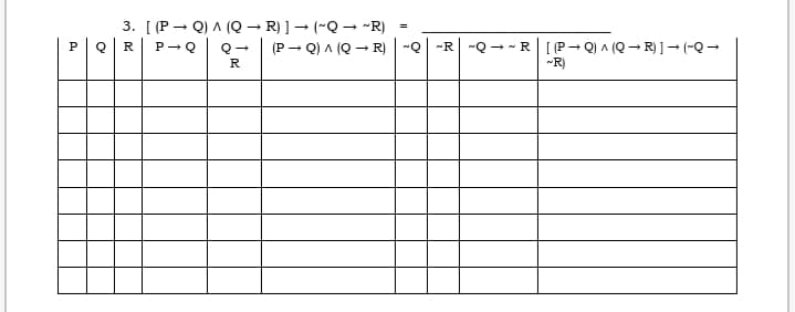 3. [ (P → Q) A (Q → R) ] → ("Q → ~R)
오| R
(P - Q) A (Q - R) -Q
-R -Q - - R [P- Q) A (Q -→ R) ]- (-Q -
-R)
P
P→오
R
