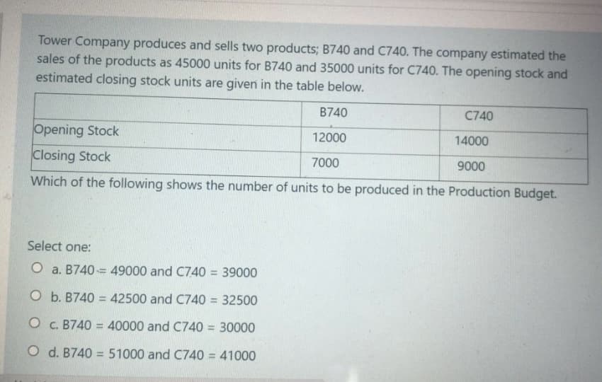 Tower Company produces and sells two products; B740 and C740. The company estimated the
sales of the products as 45000 units for B740 and 35000 units for C740. The opening stock and
estimated closing stock units are given in the table below.
B740
C740
Opening Stock
12000
14000
Closing Stock
7000
9000
Which of the following shows the number of units to be produced in the Production Budget.
Select one:
O a. B740 = 49000 and C740 = 39000
O b. B740 = 42500 and C740 = 32500
O c. B740 = 40000 and C740 = 30000
%3D
O d. B740 = 51000 and C740 = 41000
%3D
