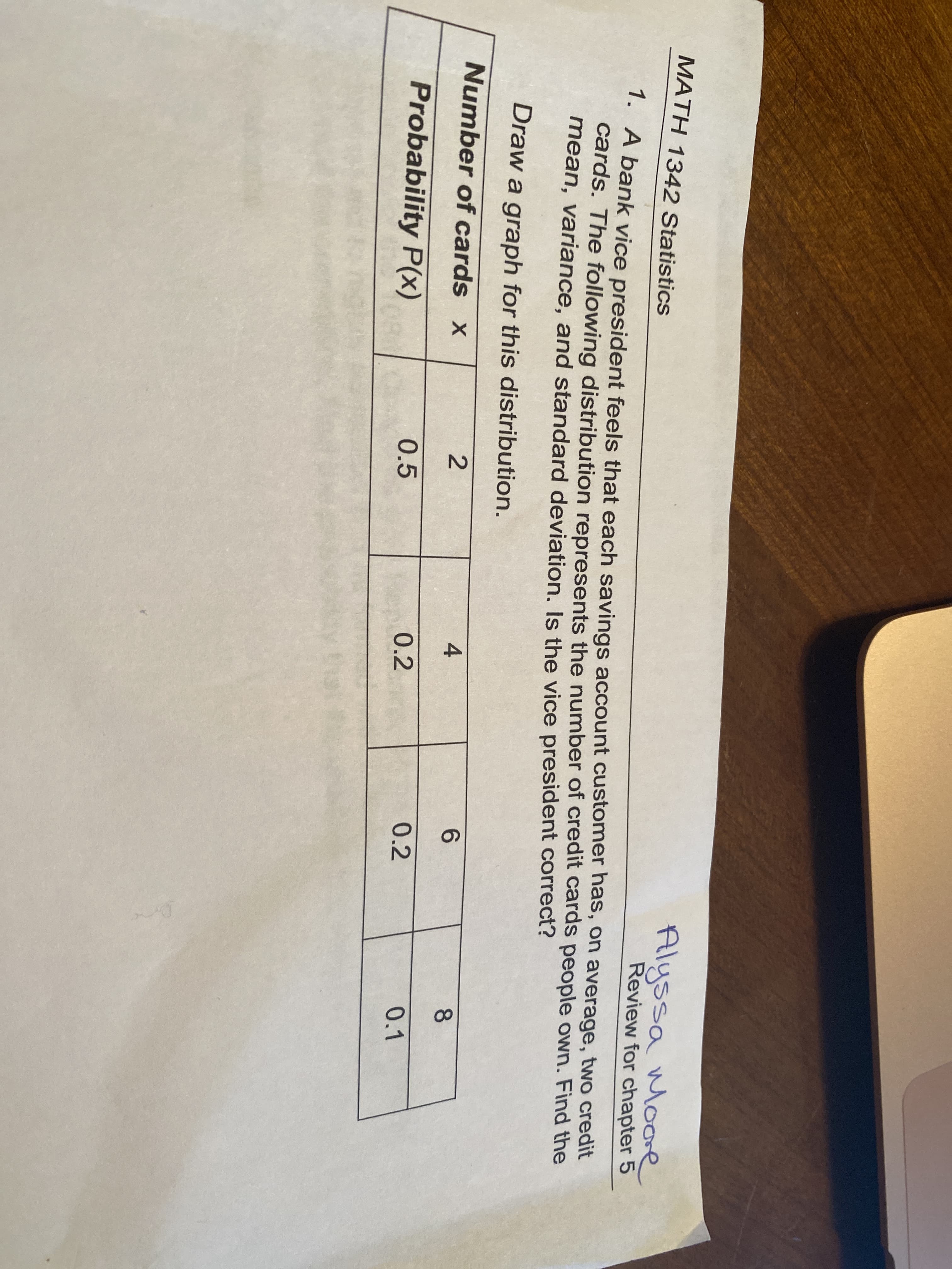 4.
Review for ch
1. A bank vice president feels that each savings account customer has, on average, two
cards. The following distribution represents the number of credit cards people own. Fi
mean, variance, and standard deviation. Is the vice president correct?
Draw a graph for this distribution.
Number of cards x
