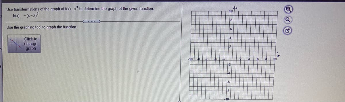 Use transformations of the graph of f(x) = x' to determine the graph of the given function.
Ay
h(x) = -(x-2)
Use the graphing tool to graph the function.
6
Click to
enlarge
graph
10
10
