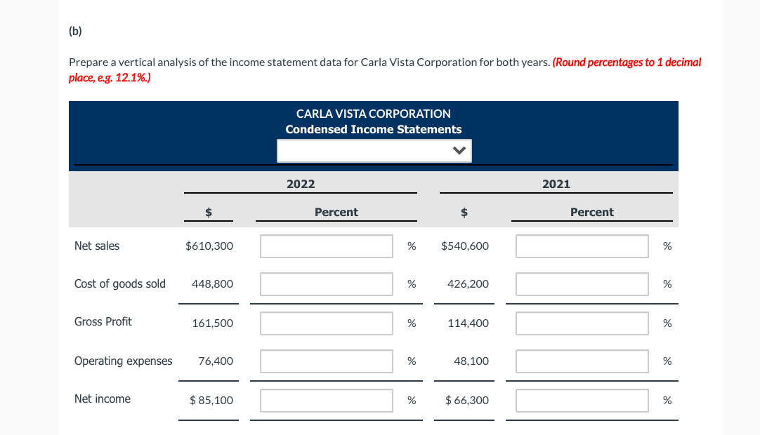 (b)
Prepare a vertical analysis of the income statement data for Carla Vista Corporation for both years. (Round percentages to 1 decimal
place, e.g. 12.1%.)
CARLA VISTA CORPORATION
Condensed Income Statements
2022
2021
Percent
Percent
Net sales
$610,300
$540,600
%
Cost of goods sold
448,800
%
426,200
%
Gross Profit
161,500
%
114,400
%
Operating expenses
76,400
%
48,100
%
Net income
$ 85,100
%
$ 66,300
%
