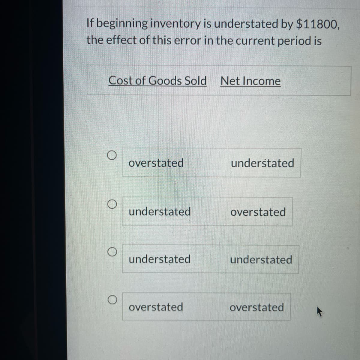 If beginning inventory is understated by $11800,
the effect of this error in the current period is
Cost of Goods Sold Net Income
Net Income
overstated
understated
understated
overstated
understated
understated
overstated
overstated
