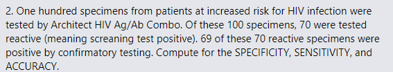 2. One hundred specimens from patients at increased risk for HIV infection were
tested by Architect HIV Ag/Ab Combo. Of these 100 specimens, 70 were tested
reactive (meaning screaning test positive). 69 of these 70 reactive specimens were
positive by confirmatory testing. Compute for the SPECIFICITY, SENSITIVITY, and
ACCURACY.
