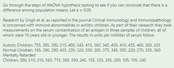 Go through the steps of ANOVA hypothesis testing to see if you can conclude that there is a
difference among population means. Let a = 0.05.
Research by Singh et al. as reported in the journal Clinical Immunology and Immunopathology
is concerned with immune abnormalities in autistic children. As part of their research they took
measurements on the serum concentration of an antigen in three samples of children, all of
whom were 10 years old or younger. The results in units per milliliter of serum follow.
Autistic Children: 755, 385, 380, 215, 400, 343, 415, 360, 345, 450, 410, 435, 460, 360, 225
Normal Children: 165, 390, 290, 435, 235, 320, 330, 205, 375, 345, 305, 220, 270, 355, 360
Mentally Retarded
Children: 380, 510, 315, 565, 715, 380, 390, 245, 155, 335, 295, 200, 105, 105, 245
