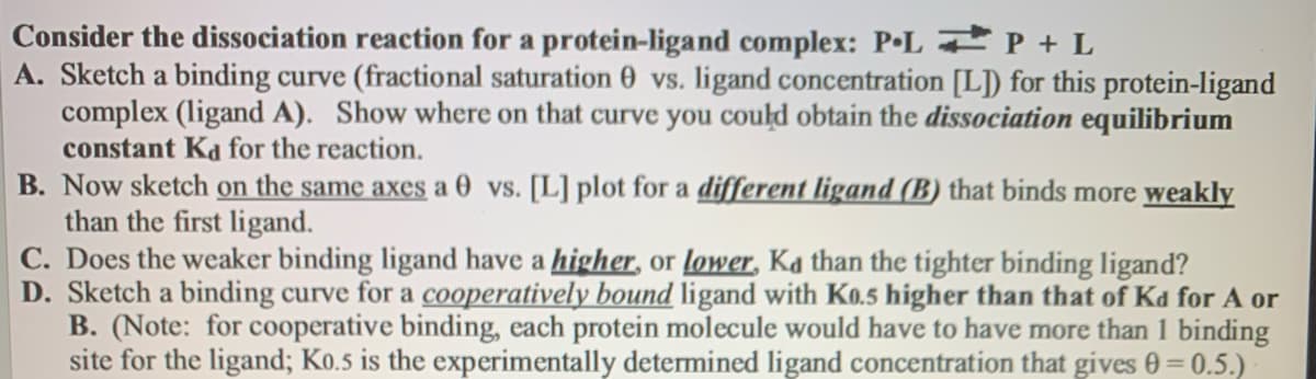 Consider the dissociation reaction for a protein-ligand complex: P•L P + L
A. Sketch a binding curve (fractional saturation 0 vs. ligand concentration [L]) for this protein-ligand
complex (ligand A). Show where on that curve you could obtain the dissociation equilibrium
constant Ka for the reaction.
B. Now sketch on the same axes a 0 vs. [L] plot for a different ligand (B) that binds more weakly
than the first ligand.
C. Does the weaker binding ligand have a higher, or lower, Ka than the tighter binding ligand?
D. Sketch a binding curve for a cooperatively bound ligand with Ko.5 higher than that of Kd for A or
B. (Note: for cooperative binding, each protein molecule would have to have more than 1 binding
site for the ligand; Ko.5 is the experimentally determined ligand concentration that gives 0 = 0.5.)
