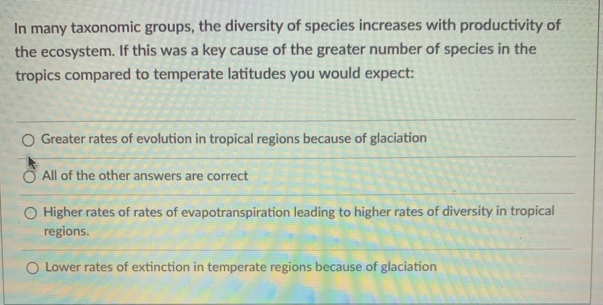 In many taxonomic groups, the diversity of species increases with productivity of
the ecosystem. If this was a key cause of the greater number of species in the
tropics compared to temperate latitudes you would expect:
Greater rates of evolution in tropical regions because of glaciation
All of the other answers are correct
O Higher rates of rates of evapotranspiration leading to higher rates of diversity in tropical
regions.
O Lower rates of extinction in temperate regions because of glaciation
