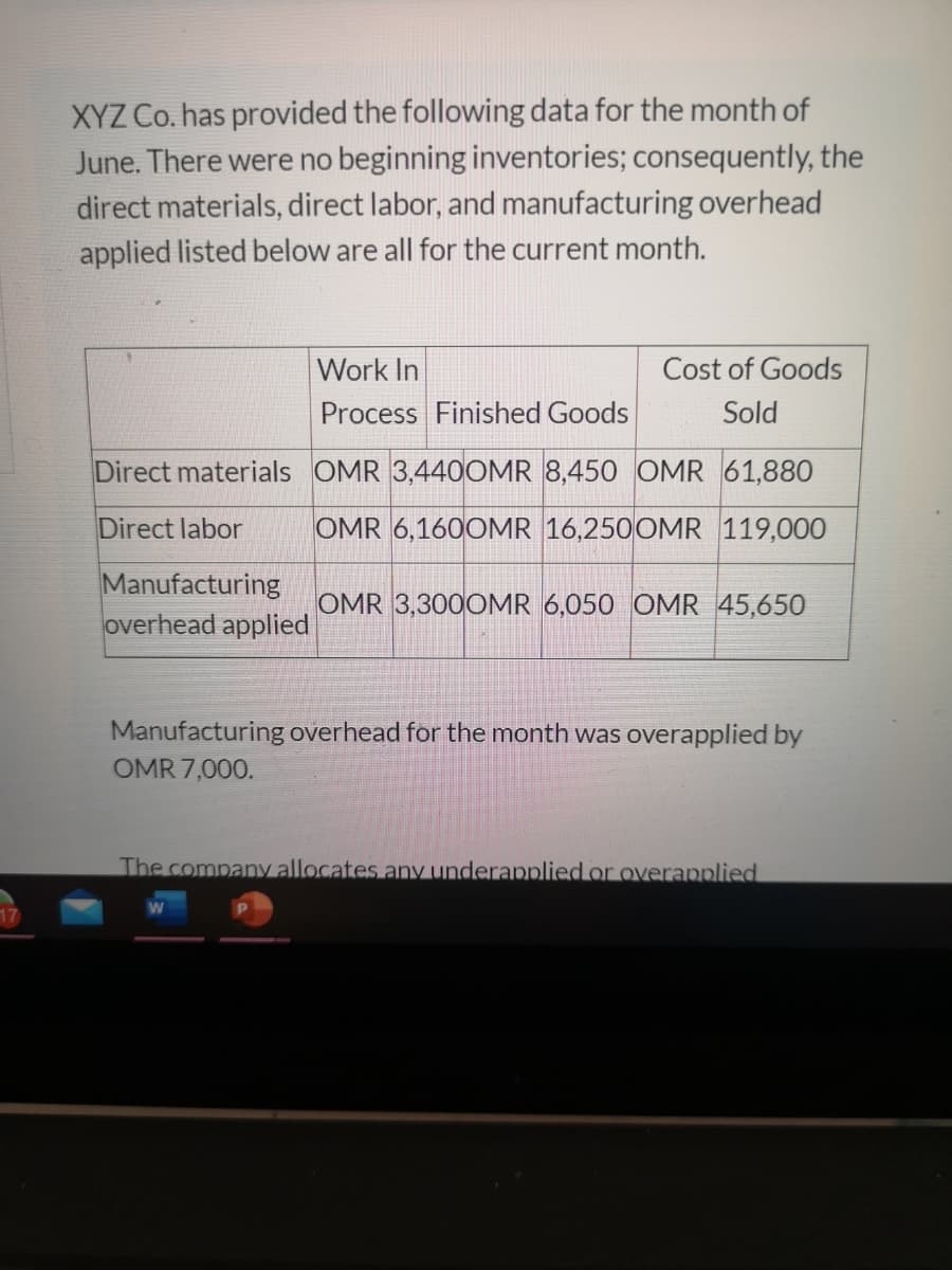 XYZ Co. has provided the following data for the month of
June. There were no beginning inventories; consequently, the
direct materials, direct labor, and manufacturing overhead
applied listed below are all for the current month.
Work In
Cost of Goods
Process Finished Goods
Sold
Direct materials OMR 3,440OMR 8,450 OMR 61,880
Direct labor
OMR 6,160OMR 16,250OMR 119,000
Manufacturing
overhead applied
OMR 3,300OMR 6,050 OMR 45,650
Manufacturing overhead for the month was overapplied by
OMR 7,000.
The company allocates any underapplied or overapplied
W
