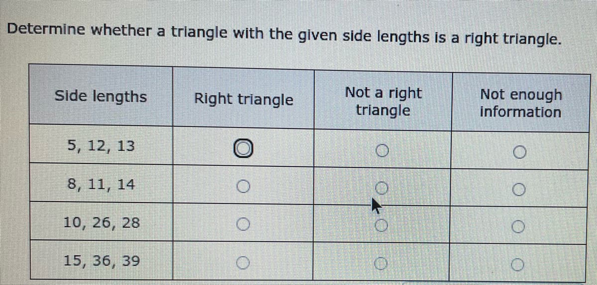 Determine whether a triangle with the given side lengths is a right triangle.
Not a right
triangle
Not enough
information
Side lengths
Right triangle
5, 12, 13
8, 11, 14
10, 26, 28
15, 36, 39
