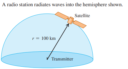 A radio station radiates waves into the hemisphere shown.
Satellite
r = 100 km
Transmitter
