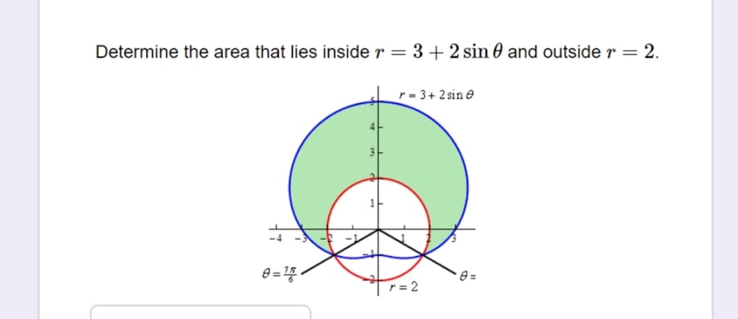 Determine the area that lies inside r =
3+ 2 sin 0 and outside r = 2.
r= 3+ 2 sin e
e = 4
r = 2
