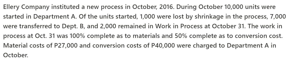 Ellery Company instituted a new process in October, 2016. During October 10,000 units were
started in Department A. Of the units started, 1,000 were lost by shrinkage in the process, 7,000
were transferred to Dept. B, and 2,000 remained in Work in Process at October 31. The work in
process at Oct. 31 was 100% complete as to materials and 50% complete as to conversion cost.
Material costs of P27,000 and conversion costs of P40,000 were charged to Department A in
October.
