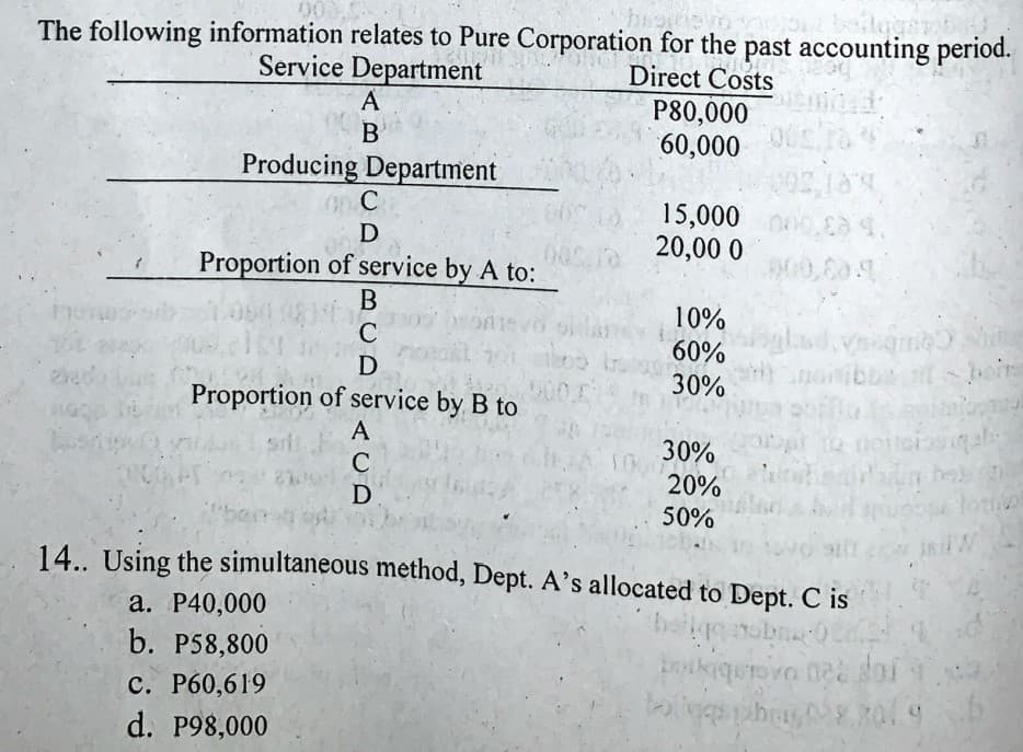 The following information relates to Pure Corporation for the past accounting period.
Service Department
A
Direct Costs
P80,000
60,000
Producing Department
0n C
D
15,000 n00.ca4,
20,00 0
Proportion of service by A to:
900,60
В
10%
60%
119
C
D
30%
Proportion of service by B to
30%
20%
ben
50%
14.. Using the simultaneous method, Dept. A's allocated to Dept. C is
а. Р40,000
b. P58,800
с. Р60,619
d. P98,000
ACD
