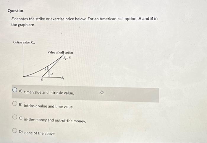 Question
E denotes the strike or exercise price below. For an American call option, A and B in
the graph are
Option value, C
E
Value of call option
S-E
OA) time value and intrinsic value.
B) intrinsic value and time value.
OC) in-the-money and out-of-the money.
D) none of the above