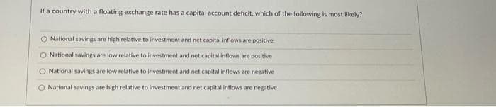 If a country with a floating exchange rate has a capital account deficit, which of the following is most likely?
O National savings are high relative to investment and net capital inflows are positive
O National savings are low relative to investment and net capital inflows are positive
O National savings are low relative to investment and net capital inflows are negative
O National savings are high relative to investment and net capital inflows are negative