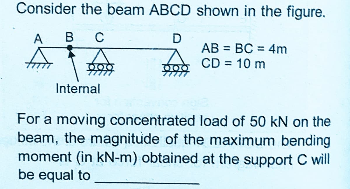 Consider the beam ABCD shown in the figure.
A
В
C
AB = BC = 4m
CD = 10 m
Internal
For a moving concentrated load of 50 kN on the
beam, the magnitude of the maximum bending
moment (in kN-m) obtained at the support C will
be equal to
