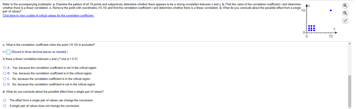 Refer to the accompanying scatterplot. a. Examine the pattern of all 10 points and subjectively determine whether there appears to be a strong correlation between x and y. b. Find the value of the correlation coefficient r and determine
whether there is a linear correlation. c. Remove the point with coordinates (10,10) and find the correlation coefficient r and determine whether there is a linear correlation. d. What do you conclude about the possible effect from a single
pair of values?
Click here to view a table of critical values for the correlation coefficient.
10-
10
c. What is the correlation coefficient when the point (10,10) is excluded?
r= (Round to three decimal places as needed.)
Is there a linear correlation between x and y? Use a = 0.01
O A. Yes, because the correlation coefficient is not in the critical region.
O B. Yes, because the correlation coefficient is in the critical region.
O C. No, because the correlation coefficient is in the critical region.
O D. No, because the correlation coefficient is not in the critical region.
d. What do you conclude about the possible effect from a single pair of values?
The effect from a single pair of values can change the conclusion.
O A single pair of values does not change the conclusion.
