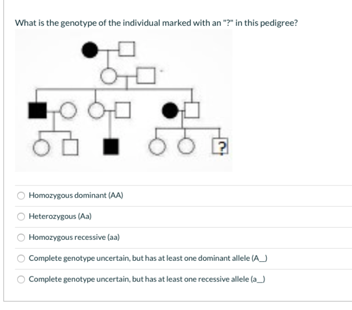 What is the genotype of the individual marked with an "?" in this pedigree?
Homozygous dominant (AA)
Heterozygous (Aa)
Homozygous recessive (aa)
Complete genotype uncertain, but has at least one dominant allele (A_)
Complete genotype uncertain, but has at least one recessive allele (a_)
